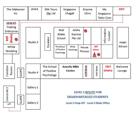 Route map showing the accessible Level 3 route for disadvantaged students between the drop-off area and Aventis main office.