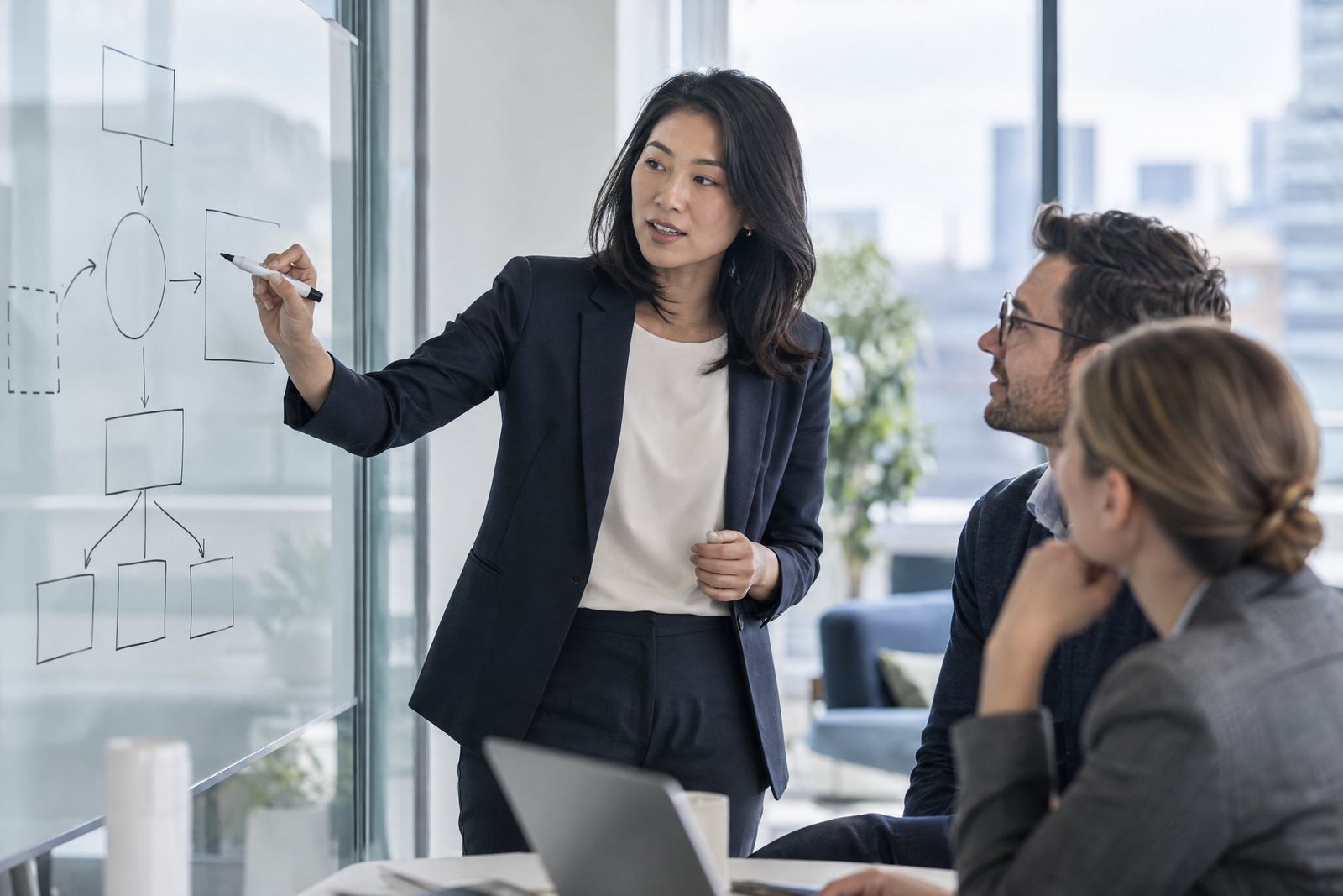 Professionals discussing an applied data and AI project at a whiteboard