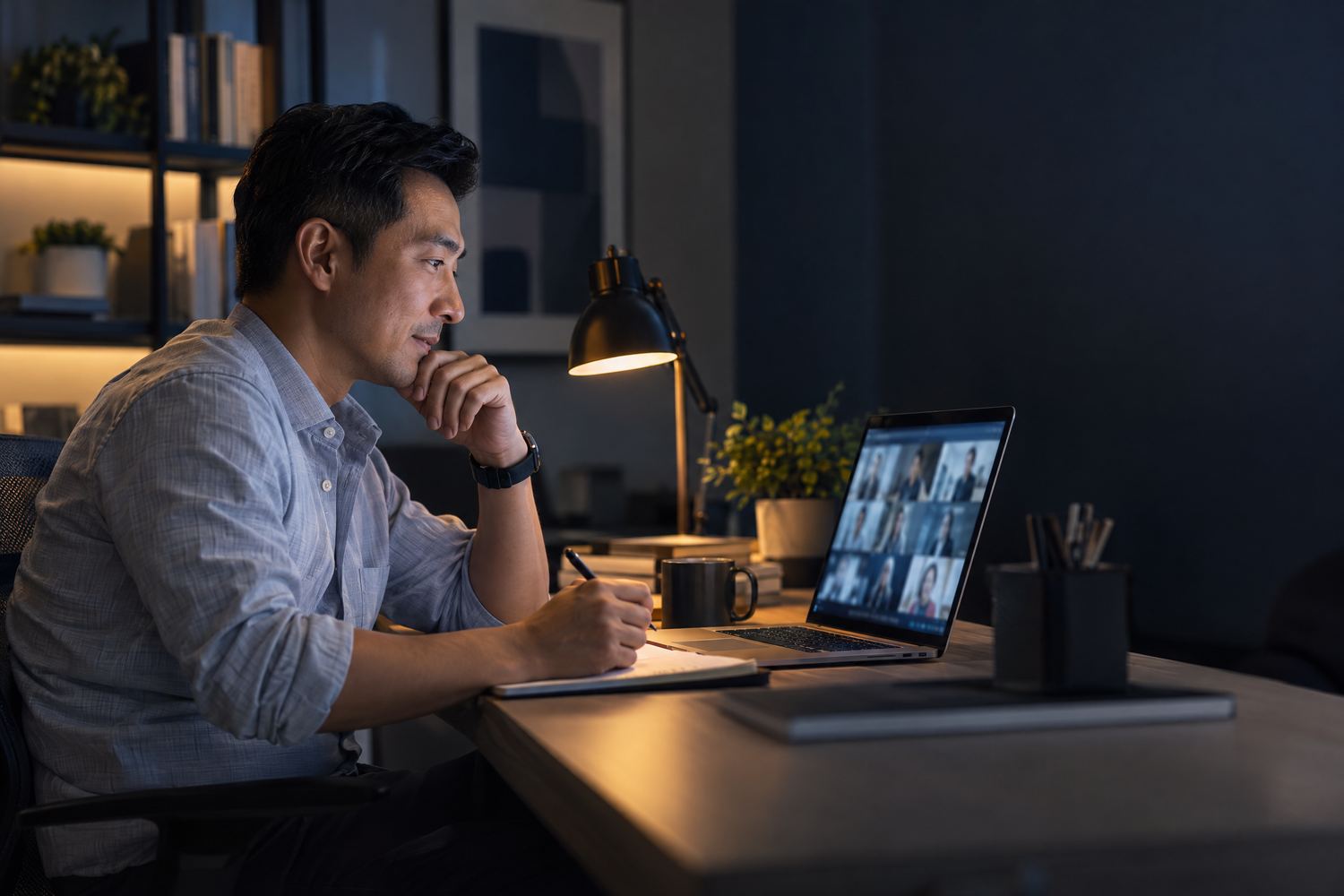 A working professional attending a live online class in the evening